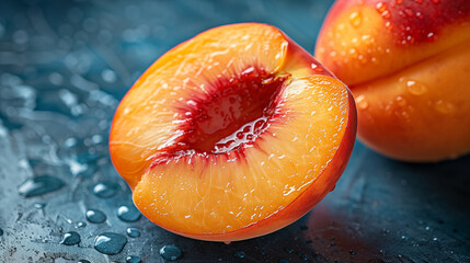 Wall Mural - Juicy peach halves with water droplets on a blue surface, highlighting the fruit's vibrant color and texture. Concept of freshness and healthy eating.