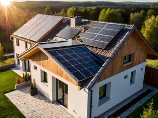 Close-up of a new suburban house with a photovoltaic system on the roof. Simple and modern environmentally friendly house with solar panels on the gable roof, with sunlight during the day