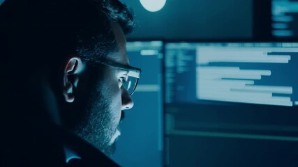 A male programmer overseeing a cybersecurity project and creating new software