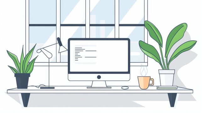 Minimalist Home Office Desk with Plants and Coffee