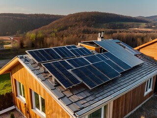 Close-up of a new suburban house with a photovoltaic system on the roof. Simple and modern environmentally friendly house with solar panels on the gable roof, with sunlight during the day