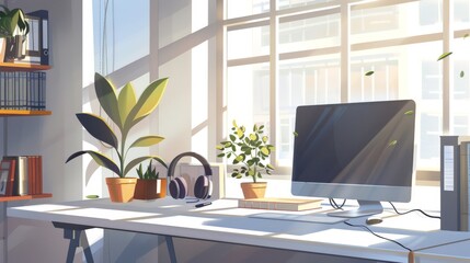 Wall Mural - Minimalist Home Office Workspace with Plants and Sunlight