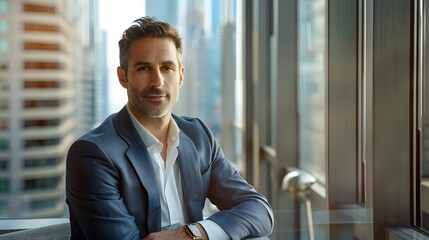 A man in a suit is sitting in a window with a watch on his wrist