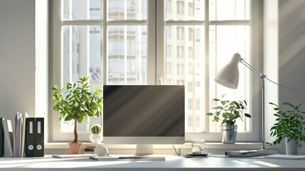 Wall Mural - Modern Home Office Workspace with Sunlight and Plants