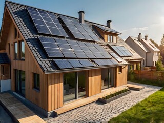 Close-up of a new suburban house with a photovoltaic system on the roof. Simple and modern environmentally friendly house with solar panels on the gable roof, with sunlight during the day