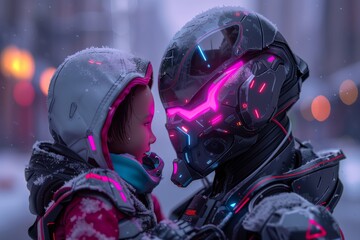 Sticker - Face to face interaction between parent and child in a snowy futuristic landscape symbolizing love and connection