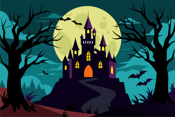 Wall Mural - Halloween background with haunted castle and full moon. Vector illustration.