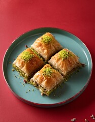 Wall Mural - Turkish dessert pistachio baklava or kuru baklava on red background