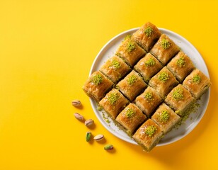 Wall Mural - Turkish dessert pistachio baklava or kuru baklava on yellow background