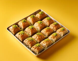 Wall Mural - Turkish dessert pistachio baklava or kuru baklava on yellow background