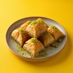 Wall Mural - Turkish dessert pistachio baklava or kuru baklava on yellow background