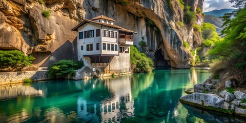 Canvas Print - Blagaj Tekija house at cave near Buna river Blagaj is famouse tourist destination in Bosnia and herzegovina AI-Generated Content