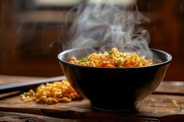 Poster - A steaming bowl of instant noodles sits on a wooden table, releasing flavorful aromas and inviting warmth perfect for a cozy meal. Generative AI