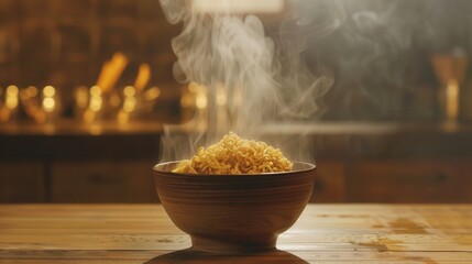 Aufkleber - A steaming bowl of delicious instant noodles sits on a wooden table, radiating warmth and inviting comfort. Generative AI