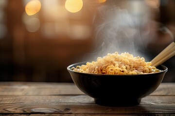 Poster - A steaming bowl of instant noodles sits on a wooden table, inviting warmth and comfort for a satisfying meal. Generative AI