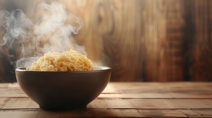 Aufkleber - A bowl of instant noodles emits steam, sitting invitingly on a rustic wooden table, inviting a warm meal experience. Generative AI