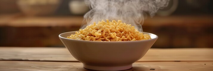 Aufkleber - A bowl of steaming instant noodles rests on a rustic wooden table, inviting warmth and comfort during a cozy evening meal. Generative AI