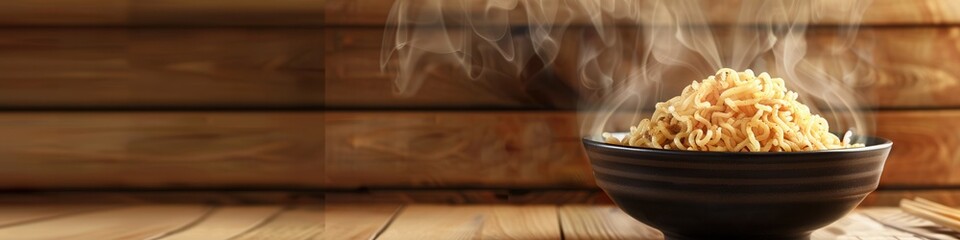 Aufkleber - A bowl of piping hot instant noodles releases steam, creating a tempting display on a beautifully aged wooden table. Generative AI