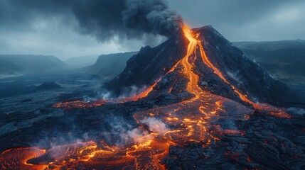 Majestic Volcano Eruption - Awe-Inspiring Landscape Photography of Lava Flow and Smoke with Nikon D850 Camera