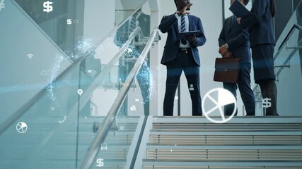 Poster - Group of multinational business people discussing business in lobby and digital network concept.