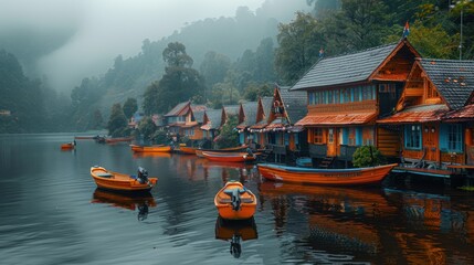 Tranquil Riverside Village with Docked Boats and Traditional Houses Reflecting in Calm Water, Travel Photography with Canon EOS R5 and 24-105mm f/4 Lens