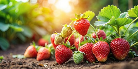 Fresh strawberries growing in a garden on a background, strawberries, garden, fruit, organic, vibrant, red, healthy, juicy