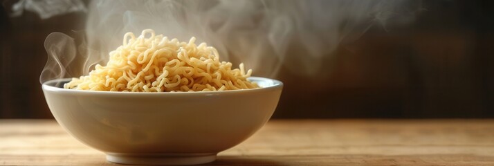 Poster - A steaming bowl of instant noodles rests on a wooden table, releasing fragrant steam in a cozy evening atmosphere. Generative AI