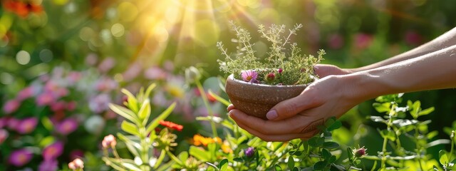 Wall Mural - a woman holds a mortar with herbs in her hands. Selective focus.