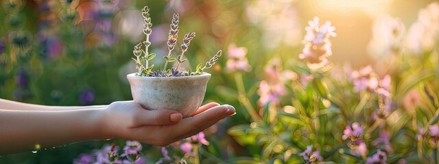 Wall Mural - a woman holds a mortar with herbs in her hands. Selective focus.