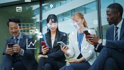 Aufkleber - Group of multinational business people using smartphones and communication network concept.