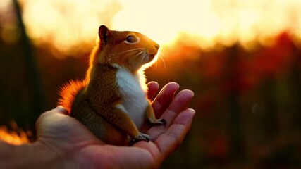 Wall Mural - Cute squirrel in hand in autumn forest. Colorful orange sunlight. Wild fluffy squirrel taking sunflower seeds from female arm and gnawing it. Cute brown rodent in sunset 4k video