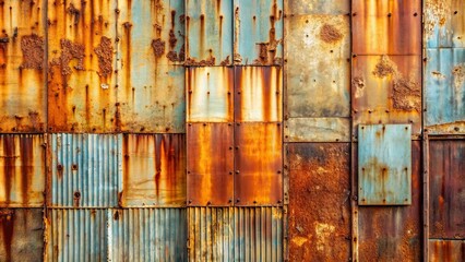 Wall Mural - Rusty metal panels with peeling paint creating a weathered industrial background, rust, old, aged, industrial, texture