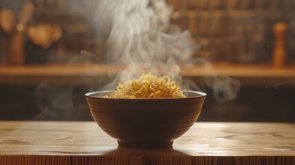 Aufkleber - A steaming bowl of instant noodles awaits, exuding delicious aromas on a warm wooden table. Generative AI