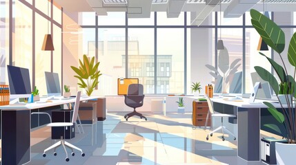 Wall Mural - Modern Office Interior Design: Workspace with City View