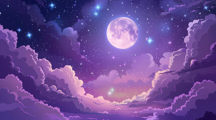 Wall Mural - Purple gradient mystical moonlight sky with clouds and stars phone background wallpaper