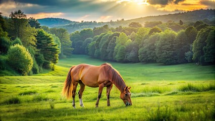 Majestic horse grazing peacefully in a lush green field, horse, field, peaceful, grazing, majestic, nature, animal