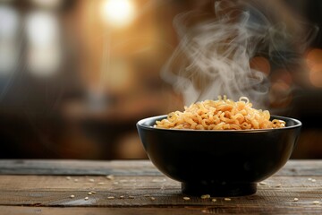 Aufkleber - A bowl of delicious instant noodles emits steam while resting on a wooden table in a warm, inviting environment. Generative AI