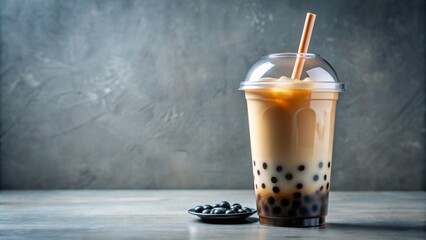 Wall Mural - A refreshing iced tea drink with black pearls and creamy milk in a clear plastic cup, garnished with a straw, on a clean background with copy space.