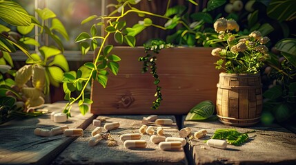 Wall Mural - Green tea capsules supplements on the table. Selective focus.