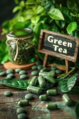 Poster - Green tea capsules supplements on the table. Selective focus.