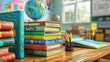 © Shahryar - A stack of new textbooks on a wooden desk, each book with a colorful cover and title.