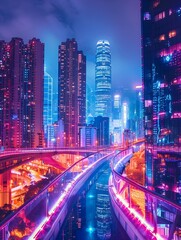 Poster - Futuristic Cityscape with Towering Skyscrapers Neon Lights and Innovative Sky Bridges
