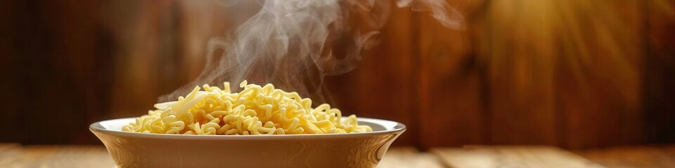 Aufkleber - A steaming bowl of instant noodles sits invitingly on a wooden table, showcasing its delicious texture and warmth. Generative AI