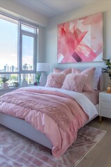 Poster - A bedroom with a pink bed and a large painting on the wall