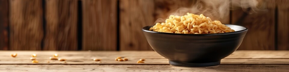 Aufkleber - A steaming bowl of instant noodles sits invitingly on a wooden table, filling the air with a warm, comforting aroma. Generative AI