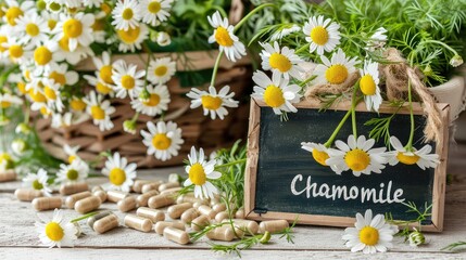 Poster - Chamomile flowers capsules supplements on the table. Selective focus.