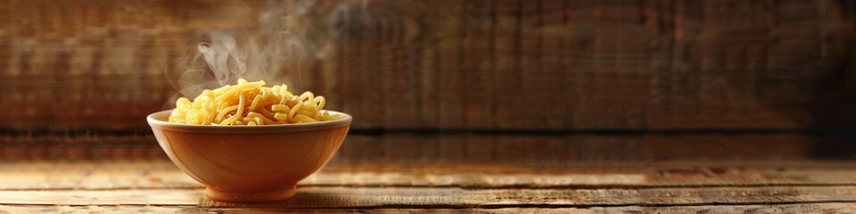 Aufkleber - A steaming bowl of noodles sits on a wooden table, inviting warmth and comfort during a chilly evening. Generative AI