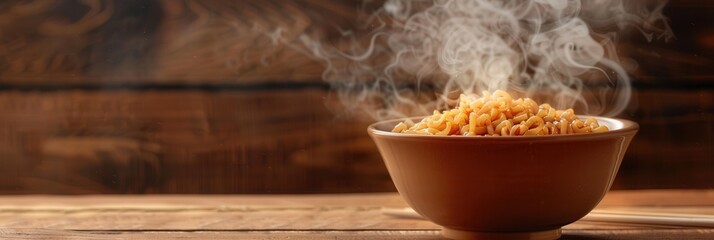 Poster - A hot bowl of instant noodles emits steam, resting on a rustic wooden table, inviting for a quick and satisfying meal. Generative AI
