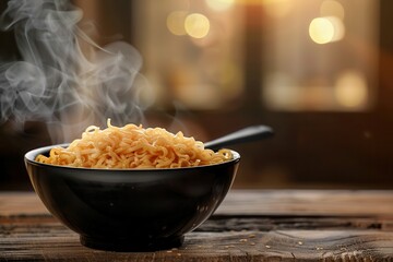 Aufkleber - A bowl of steaming instant noodles sits on a wooden table, inviting warmth and comfort in a cozy indoor setting. Generative AI
