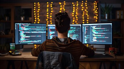 Wall Mural - Hardworking Programmer Diligently Coding in Dimly Lit Room with Multiple Screens Filled with Code